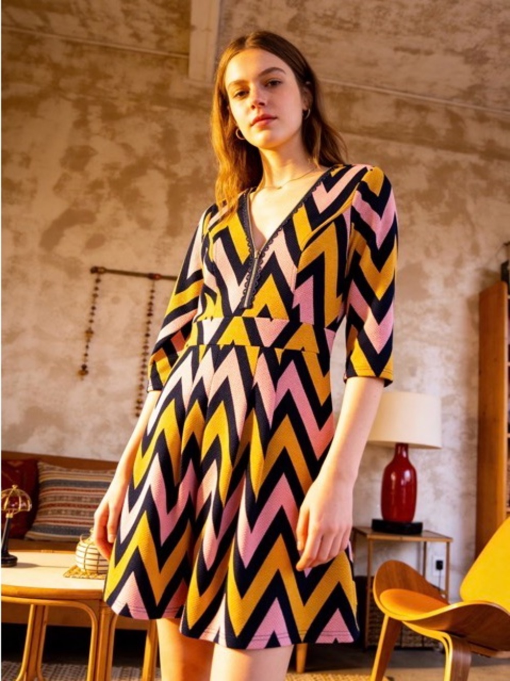 Traffic People Chevron V-Neck Mini Dress in Mustard, Pink & Navy-S